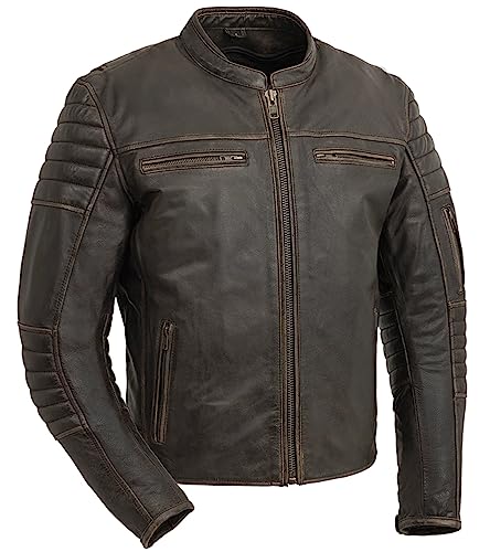 First Mfg Co - Commuter - Men's Motorcycle Biker Riding Brown Leather Jacket - 2X Large - Action Back Armor Pockets Gussets Thermal Liner Vented