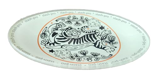 Image of Stash-Pro Oval Toughened Glass Tray - 15.5cm x 10.5cm Premium Rolling & Crush Tray with Tiger Artwork | Heat-Resistant, Durable & Easy to Clean