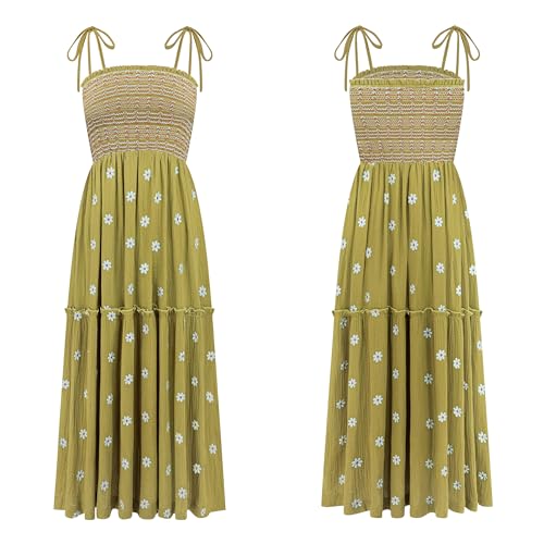 Image of R.Vivimos Womens Summer Cotton Boho Midi Dress 2026 Spaghetti Strap Floral Embroidered Smocked Tiered Flowy Long Dresses
