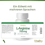 L-Arginin Hochdosiert 700 mg. Essenzielle Aminosäure 100% natürlich aus Fermentation (120 Kapseln) Hohe Bioverfügbarkeit & Bioaktivität. Premium L-Arginine Vitality Nutritionals by VitaminExpress