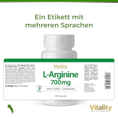L-Arginin Hochdosiert 700 mg. Essenzielle Aminosäure 100% natürlich aus Fermentation (120 Kapseln) Hohe Bioverfügbarkeit & Bioaktivität. Premium L-Arginine Vitality Nutritionals by VitaminExpress