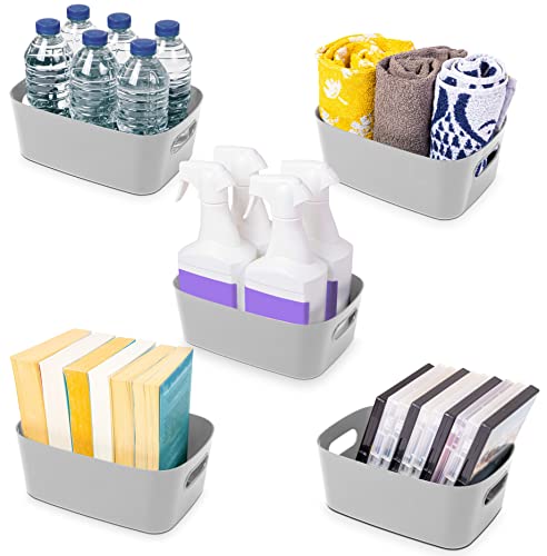 Stackzy Plastic Storage Baskets for Shelves – Strong Storage Boxes with Handles – Home and Kitchen Organiser – Rectangular Cupboard Storage Boxes –– Stackable Pantry Basket – Grey, 5pcs