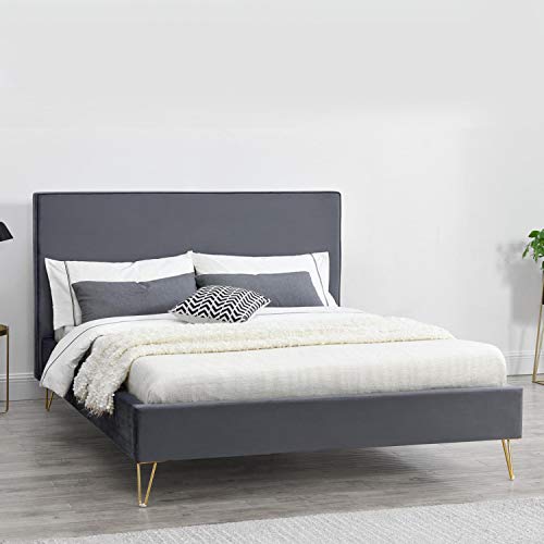 CONCEPT USINE - Lit Riverside Double en Velours Gris avec Sommier à Lattes 2 Places Intégrés - Couchage 140 x 190 cm - Cadre de Lit Scandinave Tendance 2...