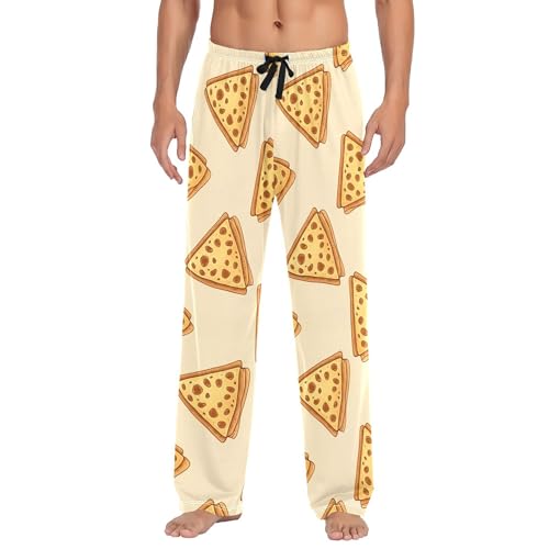 Men's Pajama Bottom Pizza Slice Pattern Cotton Pajama Pants Drawstring Sleepwear Long Pants Pockets
