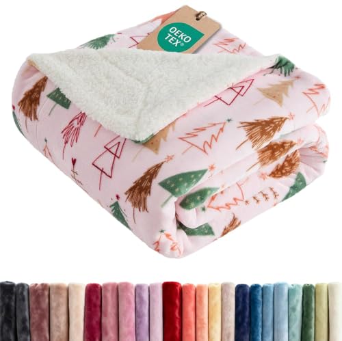 CGK Christmas Sherpa Blanket Throw Size, Reversible - Pink Trees, 50x60