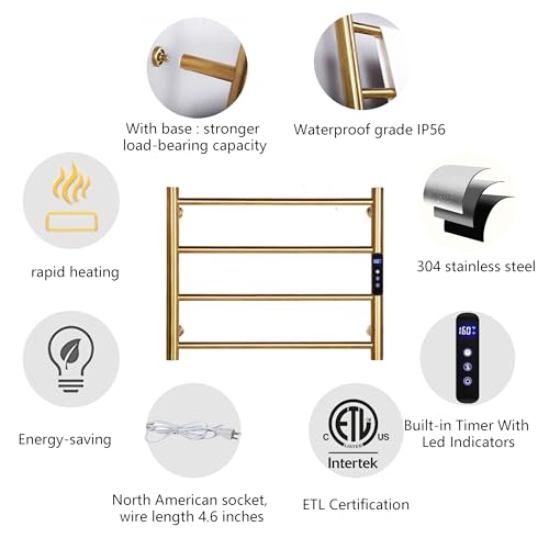 Guangjuyuan 9018-T4 Heated Towel Rack Gold, 4 Bars Towel Warmer Rack For Bathroom Wall Mounted, Timer & Temperature Control Electric Towel Drying Rack thumb #4