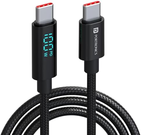 Portronics Konnect View 100W Type C to Type C Cable with LED Display with 5A Max Output, Fast Data Sync, 2M Length, Tangle Resistance supports Laptop Charging(Black)