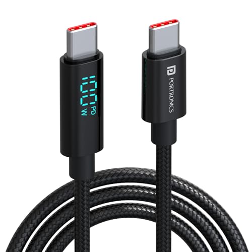 Image of Portronics Konnect View 100W Type C to Type C Cable with LED Display with 5A Max Output, Fast Data Sync, 2M Length, Tangle Resistance supports Laptop Charging(Black)
