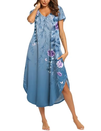 Image of Ekouaer Long Nightgowns for Women Short Sleeve House Dress with Pockets V Neck Sleepshirts Side Split Sleepwear S-4XL