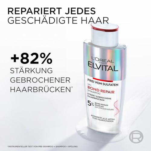 L'Oréal Paris Elvital Bond Repair Pflegeset zur Haarreparatur mit Pre-Shampoo, Shampoo & Spülung, Bundle, Schutz für weniger Haarbruch & mehr Glanz, mit Bond-Repair-Komplex & Zitronensäure, 3-teilig