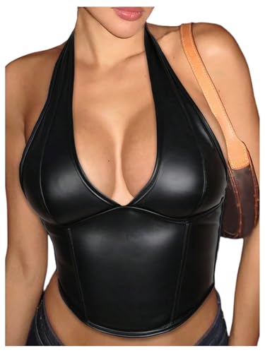 BEAUDRM Women's Y2K Faux Leather Corset Top Open Back Going Out Tops Sexy Halter Deep V Lace Up Crop Party Rave Clubwear Black Medium