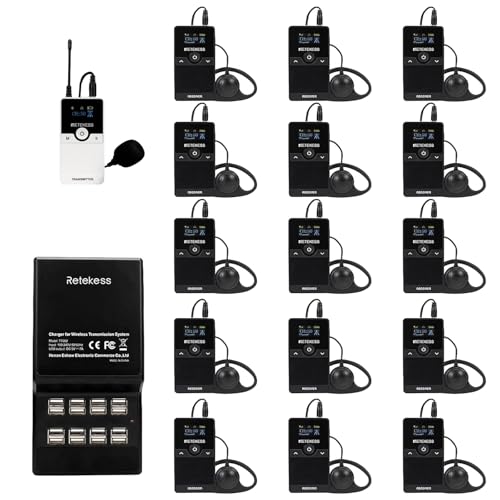 Retekess TT116 Tour Guide System, Tour Guide Microphone and Speaker, 200m/656ft, Noise Reduction, Removable Battery, Whisper System for School, Warehouse, Church, Factory (1 Transmitter 15 Receivers)