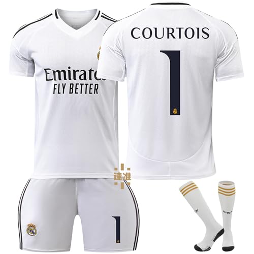 24-25 レアル マドリード ホーム ティボー・クルトワ サッカー ユニフォーム 背番号1 Thibaut Courtois 大人用と子供用練習着 スポーツ シャツ 上下セット 靴下付き (26)