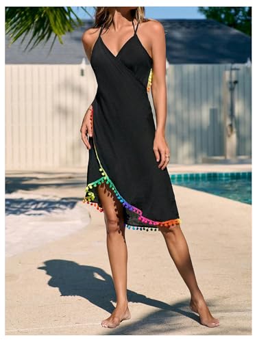 Verdusa Women's V Neck Open Back Beach Cover Up Contrast Trim Sleeveless Wrap Dress3