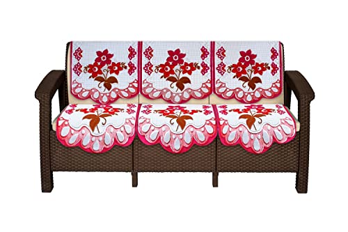 Image of The Furnishing Tree Cotton Floral Knitted Pattern 6 Pieces 3 Seater Sofa Cover Set Pink
