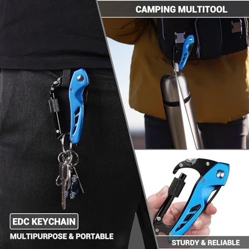 EDC Multitool Carabiner with Knife, Bottle Opener, Window Breaker and Screwdriver, Survival Knives Tools for Men Outdoor Camping (Blue) - Image 5
