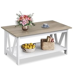 WLIVE Couchtisch Holz, Wohnzimmertisch mit Schubladen und Aufbewahrung,Wohnzimmer Tisch für Couch, Sofatisch für Schlafzimmer, Homeoffice (V-Streben, Grau Braun)