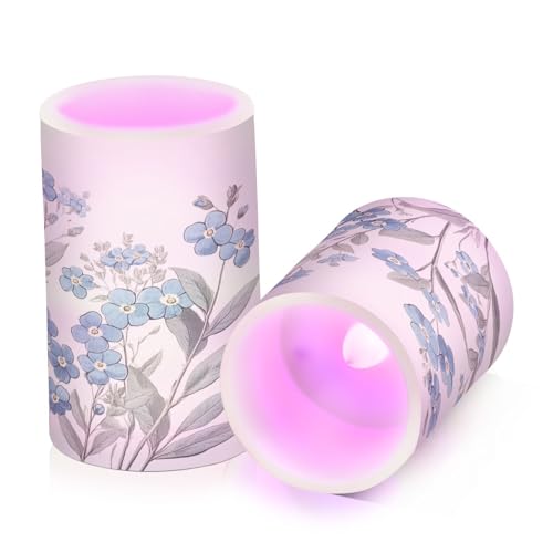 Image of Blue Flowers Leaves Painting Flickering Flameless Candles LED Battery Operated with Remote Timer Pillar Candles for Home Birthday Wedding Christmas Decor, Set of 2