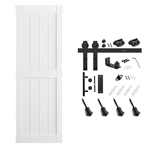 Smartstandard 30 X 84 In Sliding Mdf Barn Door With 5Ft Sliding Door Hardware Kit & Handle, Pre-Drilled Ready To Assemble, Waterproof Pvc Coating, White, H-Frame #TOP5