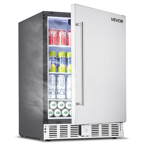 VEVOR 24-Inch Outdoor Beverage Refrigerator, 150 QT Built-in Drink Fridge, 0.56 kWh/Day Energy-Efficient Cooler with 304 Stainless Steel Door, Holds 180 Cans for Outdoor Kitchen, Home Bar, Patio