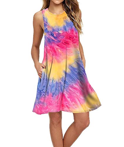 BEUFRI Women Summer Casual Sleeveless Tie Dye T-Shirt Swing Dresses