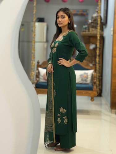 Image of ANNI Designer Women's Rayon Viscose Straight fit Printed Embroidered Kurta with Pant & Dupatta | Ethnic Kurta Set for Women | Daily, Office & Festive Traditional