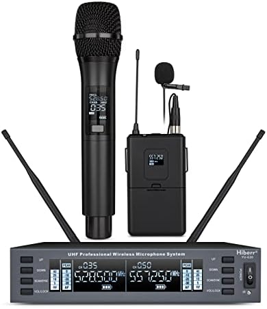 Hiberr Vocal Wireless Microphone, Dual Channel UHF Wireless Mic 2x60 Adjustable Frequencies, 300Ft Range, for Singing, Small Concerts, DJ Performances(YU-E20HL)