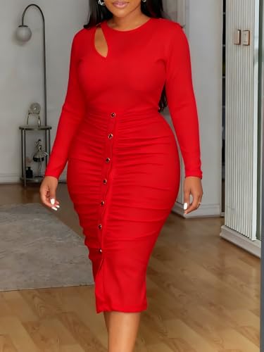 Image of Women's Long Sleeve Ruched Bodycon Dress Crew Neck Cut Out Sexy Date Night Going Out Dresses