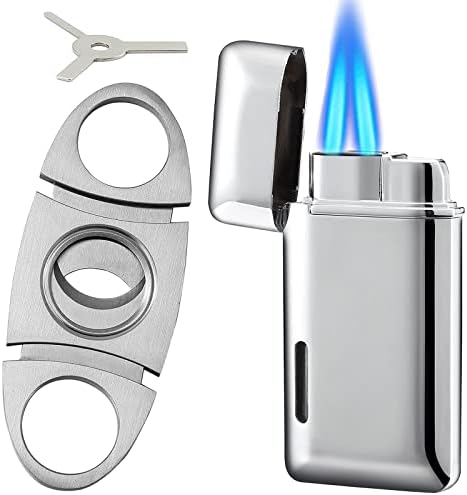 Bbsisgo Cigar Cutter and Lighter Set, Double Jet Flame Butane Torch Lighter with Adjustment Tools, Refillable Windproof Gas Lighter, Cigar Accessories, Gifts for Men, Silver.(Sold Without Gas)