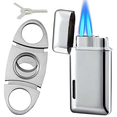 Bbsisgo Cigar Cutter And Lighter Set, Double Jet Flame Butane Torch Lighter With Adjustment Tools, Refillable Windproof Gas Lighter, Cigar Accessories, Gifts For Men, Silver.(Sold Without Gas) #TOP3