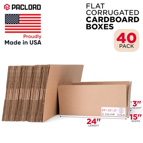 Image of Flat Cardboard Boxes 24 inchL x 15 inchW x 3 inchH (Pack of 40) - USA-Made Packing Boxes for Moving, Shipping, or Storage - USPS, UPS, FedEx Approved - Professional Packing Supplies for Moving