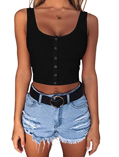 Minthunter Women s Casual Sleeveless Button-Down Shirts Basic Camisole Crop Tank Tops Black