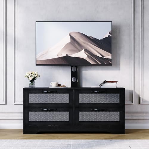 GarveeHome 4 Drawer Dresser TV Stand with Mount, XXX Inch Rattan Entertainment Center for TVs Up to 70 Inch, Farmhouse Wooden Media Console for Living