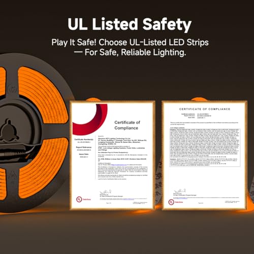 Image of BTF-LIGHTING Orange COB LED Strip Light, UL Listed 480LED /m High Density Uniform Light,16.4FT DC24V 8mm Width 3M Tape Light for Cabinet Bedroom Home Indoor DIY Lighting(No Adapter or Controller)