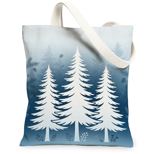 Bolsa de lona para mujer, diseño de árboles de pino, hojas de pino, color azul invierno, lavable, reutilizable, ideas para viajes de compras, oficina, biblioteca, casual, 13 x 15 pulgadas
