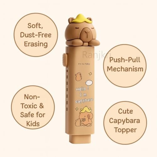 Image of Kawaii Cute Capibara Pencil Pouch for Kids with Push-Pull Eraser Set | Multi-Layer Storage, Strong Zippers, Premium Polyester | School Stationery Combo Gift for Boys & Girls