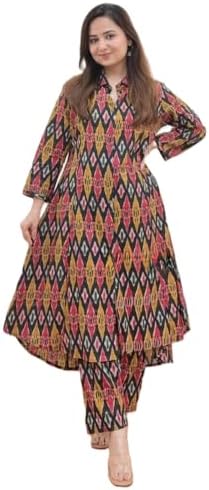 Leriya Fashion Women's Anarkali Rayon Floral Printed Kurta Pant Set | High-Low Hem & 3/4 Sleeves | Ethnic Co-ord for Festive & Casual Wear | Co ord Set For Women Stylish | 2 Piece Dress For Holiday Look & Puja