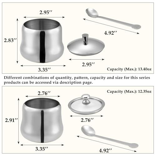 RAMFIYN 2 pack 13oz Stainless Steel Sugar Bowl Decorative Silver Ghee Container with Spoon and Metal Lid Small Spice Jars for Seasonings Condiment Pot for Kitchen Coffee Table by RAMFIYN - Image 2
