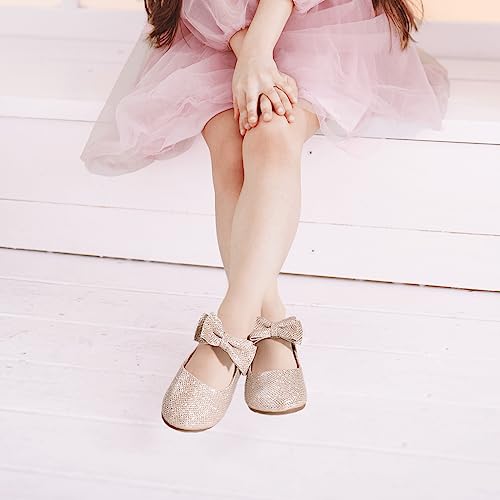 Hehainom Toddler/Little Girls Alisa Mary Jane Dress Shoes Flower Girl Ballet Flats With Bow For Party School (Gold Glitter, 11 M Us Little Kid) #TOP3