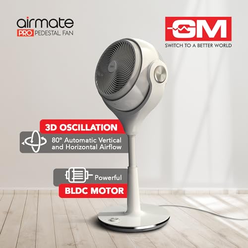 Image of GM Airmate Pro Pedestal Fan with Remote | White| 230mm Sweep | BLDC Motor | 3D Oscillation | 30-Speed Control | Silent Operation | Timer | Adjustable Height | Powerful Cooling Fan