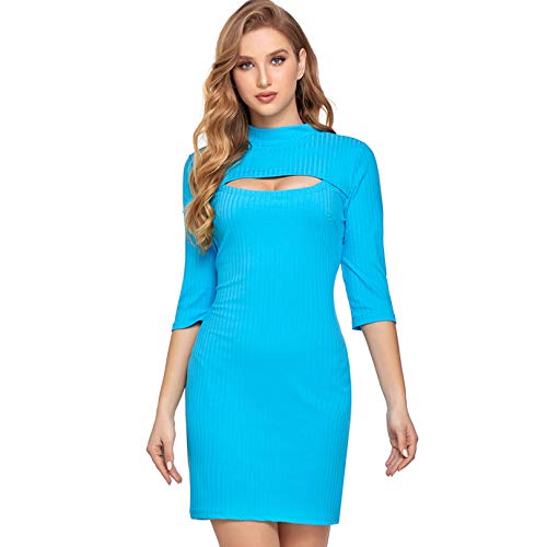 Sylanfia Vestido de punto dividido lateral de las mujeres vestido de puente de cable de manga larga con cuello en U para mujer suéter acanalado vestido casual de punto, Lake Blue-13, Small Cover