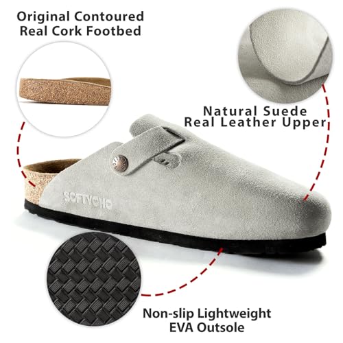 Clogs for Women Men, Mules with Arch Support and Adjustable Buckle, Suede Leather Cork Footbed Potato Shoes2