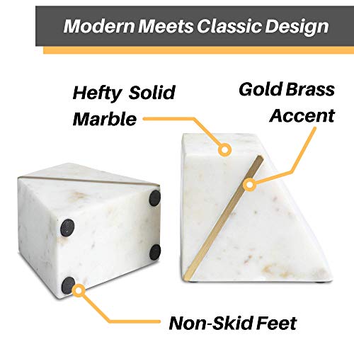 Cork & Mill Marble Bookends - Set Of 2 Heavy Decorative Book Stoppers With Non-Skid Bottom - Handcrafted Solid Marble Bookshelf Decor (White + Brass) #TOP2
