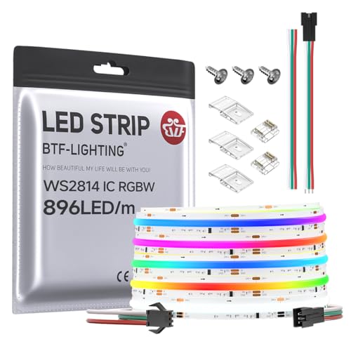 Image of BTF-LIGHTING FCOB COB LED Strip WS2814 IC RGBW 6000K Flexible High Density Color Chasing Uniform Light 16.4FT DC24V 896LED /m 16IC /m 12mm Width for Home DIY Lighting Projects(No Adapter or Controller)