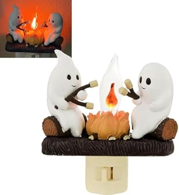 olybell Ghost Campfire Flickering Night Light, Ghosts Campfire Flicker Flame Nightlight, 3D Small Electric Faux Campfire Night Light, Halloween Indoor Decorations