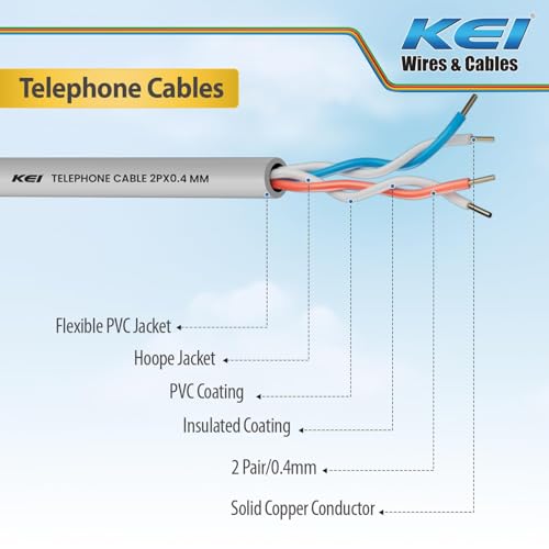 Image of KEI Telephone Cable, 2Pair X 0.4mm Dia, 99.97% Pure Copper Conductor, Flame Retardant, PVC Insulated Telephone Cable for Residential,Offices,factories & Hotels Use(Grey, 90 Meter)