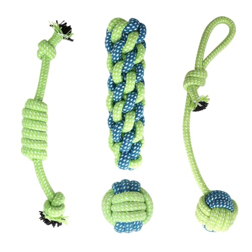 Image of Dog Rope Toys for Large & Medium Aggressive Chewers | Heavy-Duty Indestructible Natural Cotton Tug & Chew Rope Toys with Easy-Hold Handle | Durable Dog Chew Toys | Set of 4