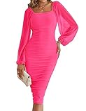 MEROKEETY Women's Long Sleeve Wedding Guest Formal Dress Fall Winter Ruched Bodycon Mesh Cocktail Party Midi Dresses, Fluopink, L