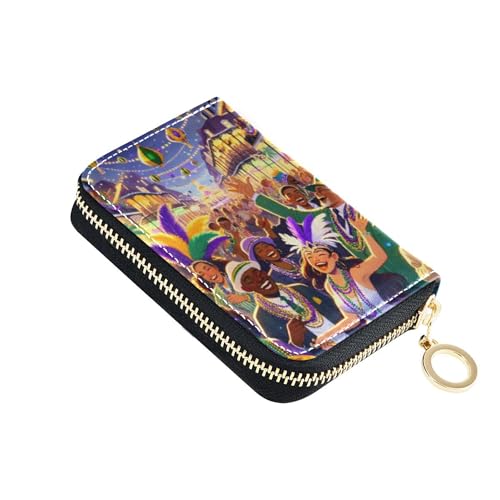 Colored Womens Wallets Leather RFID Blocking Credit Card Holders Festive Mardi Gras Carnival Zipper Travel Wallet with Key Ring