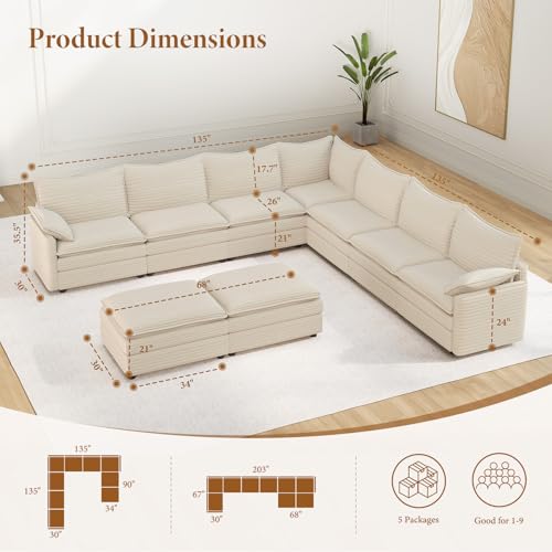 Image of Vesgantti Large Modular Sectional Sofa, Big Comfy Cloud Couch with Ottoman Deep Seat Corduroy Cloud Sofa, 9 Seater Large Sectional Couches for Living Room, Bedroom and Apartment, Beige